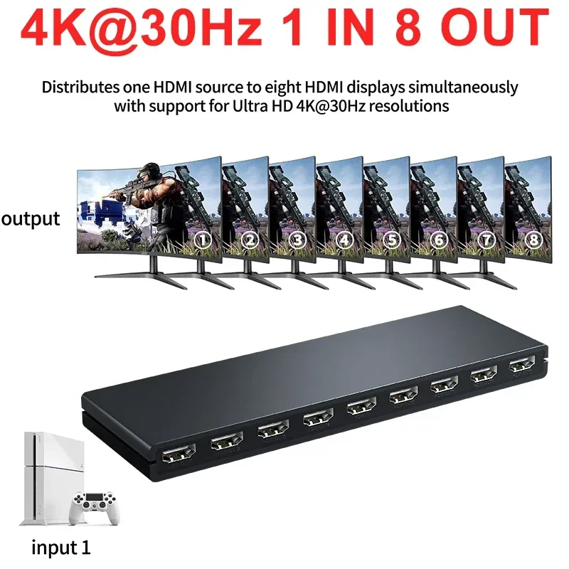 Divisor HDMI 4K @ 30Hz 1x8, convertidor distribuidor de vídeo HDMI 1 en 8 salidas, pantalla multipantalla para PS4, Xbox, cámara, PC a Monitor de TV