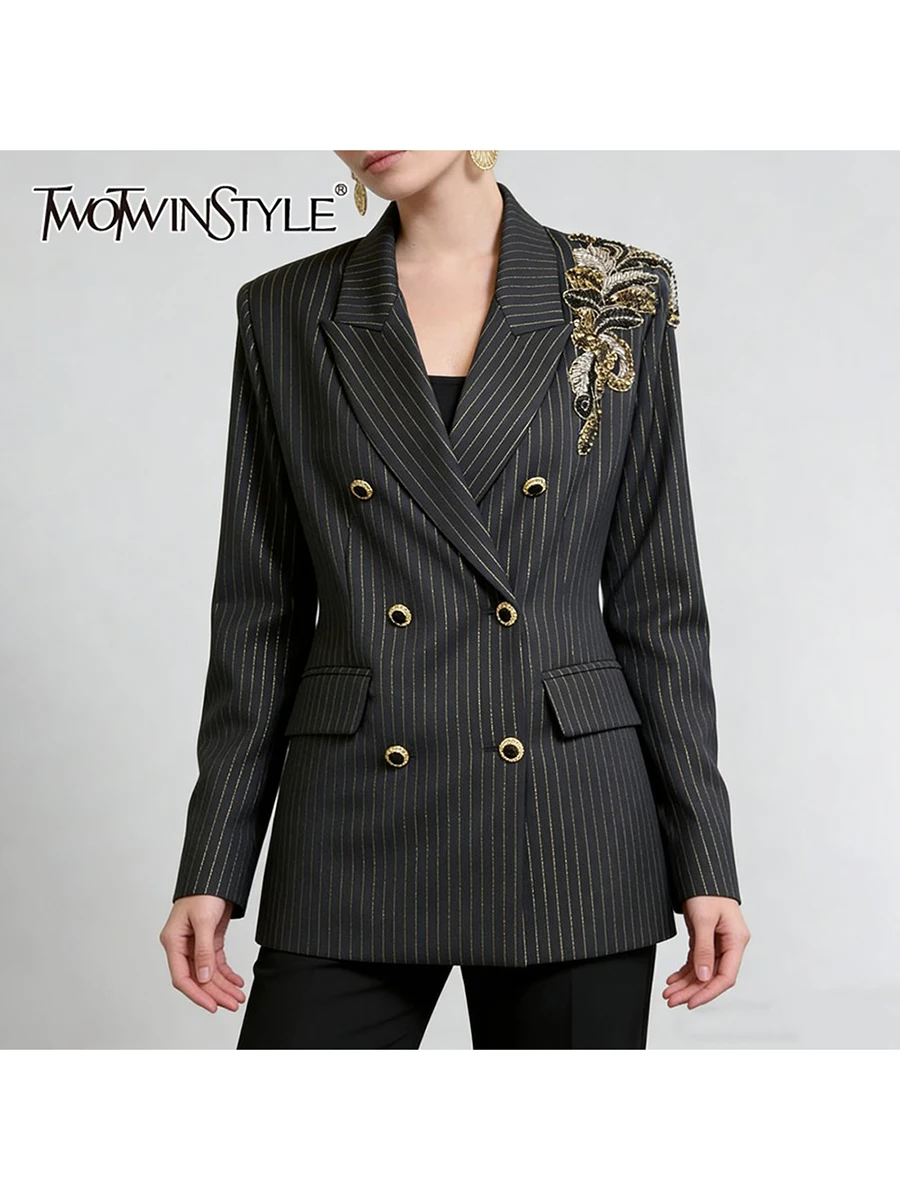 

TWOTWINSTYLE Slimming Spliced Striped Temperament Blazers for Women Lapel Long Sleeves Patchwork Beading Fashion Blazer Female