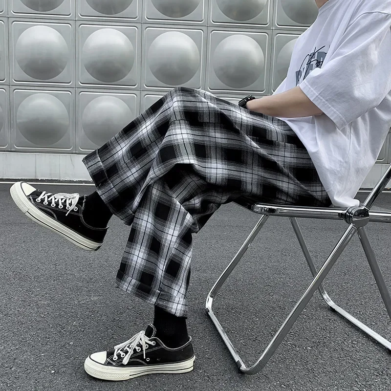 

Wide Trousers Pants Style Leg Clothing Men Hop Plaid Street Waist Autumn Sweatpants Hip Elastic Spring And Preppy Fashion