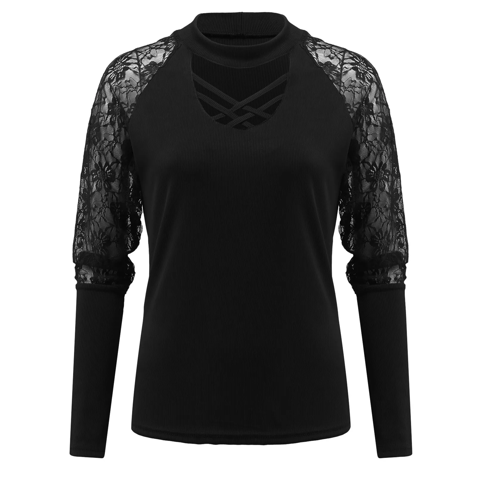 Women Hollow V-Neck Tops Lace Patchwork T-Shirt Long Sleeve Loose Solid Shirts Elegant Fashion Top Shirts & Blusa Ropa De Mujer