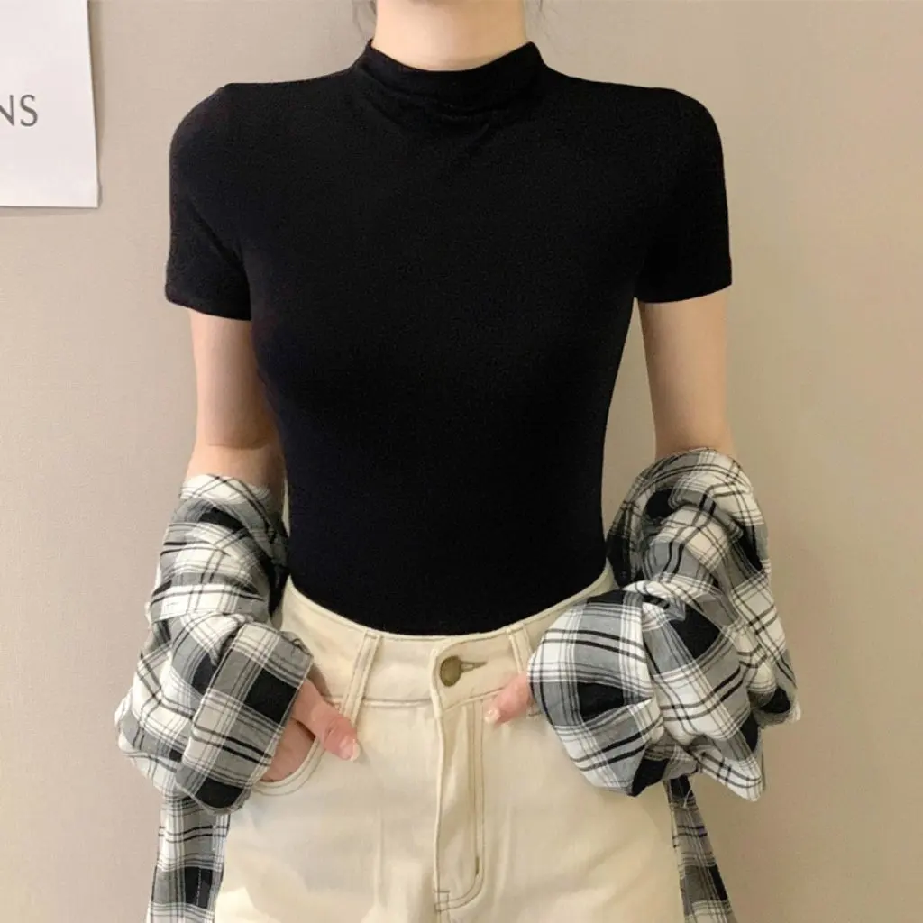 

Женская черная футболка из модала с короткими рукавами и полувысоким воротником, топ из ледяного шелка со средним воротником на весну и лето, плотная базовая рубашка