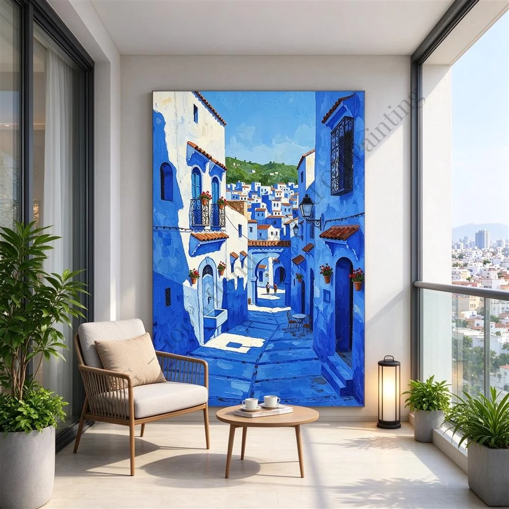 100% Hand Painted Oil Painting Canvas Wall Art Santorini Greece Sunset Blue Dome Church Mediterranean Sea Home Decor Living Room