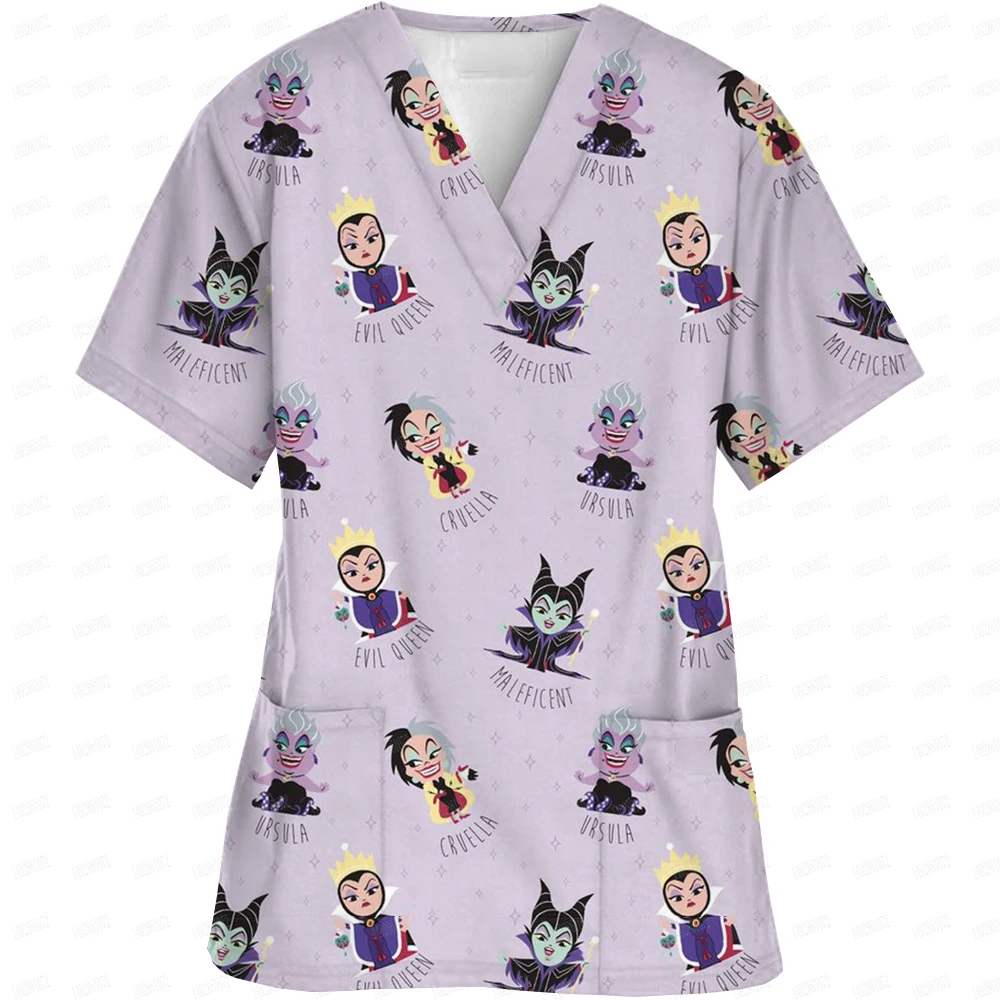 Women Working Uniform Disney Princess Print Frozen Elsa Short Sleeve V-neck Tops Femme Blouse Nurse work wear Medical Uniforms