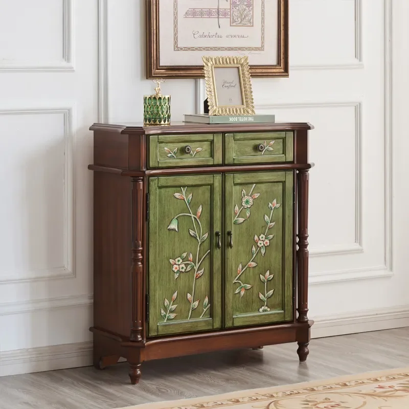 Retro Two Door Two Drawer Cabinet Entryway Storage Console Classical Painted Furniture Gold Accent Walnut Color Home Decor