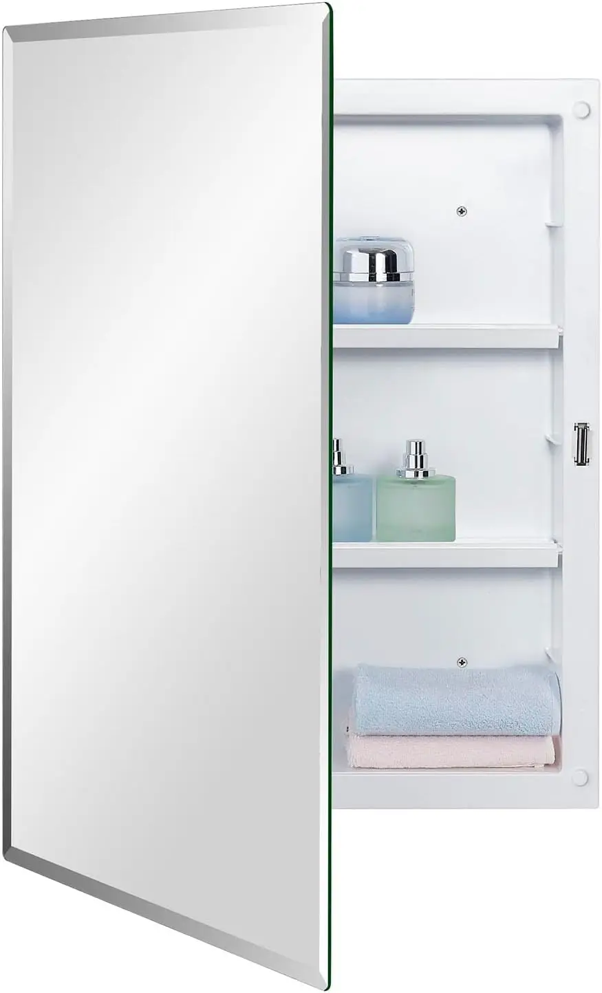 

Plastic Bathroom Medicine Mirror Cabinet 16 x 22 inch, Surface and Recessed Mount, Beveled Edge Mirror