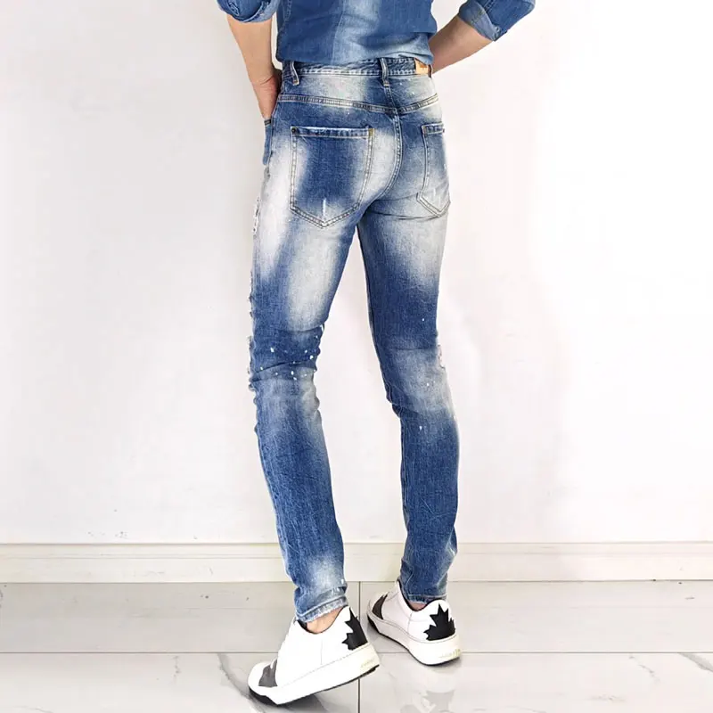 Fashionable new men's jeans washed and worn vintage elastic slim fit blue pants hip-hop brand pants Y2K