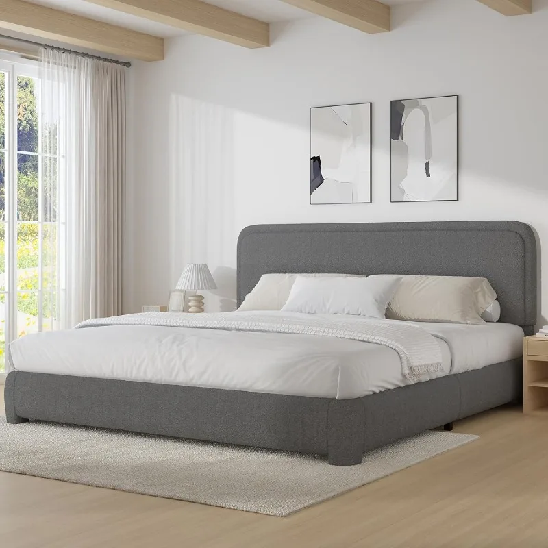 King Size Boucle Bed Frame with Headboard Upholstered Platform Bed with Wood Slats Soft Rounded Corners Easy Assembly Grey