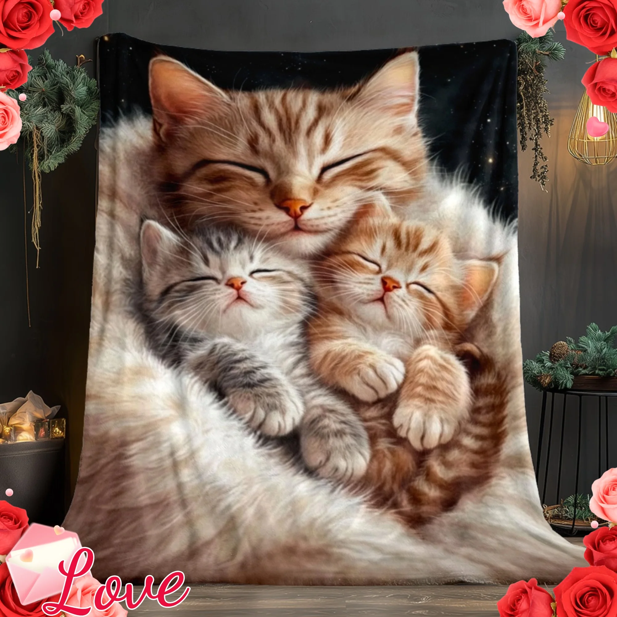Adorable Tabby Cat Litter Flannel Blanket  Sweet Sleeping Mother Cat & Baby Kittens Lightweight Throw Blanket for Indoor Camping