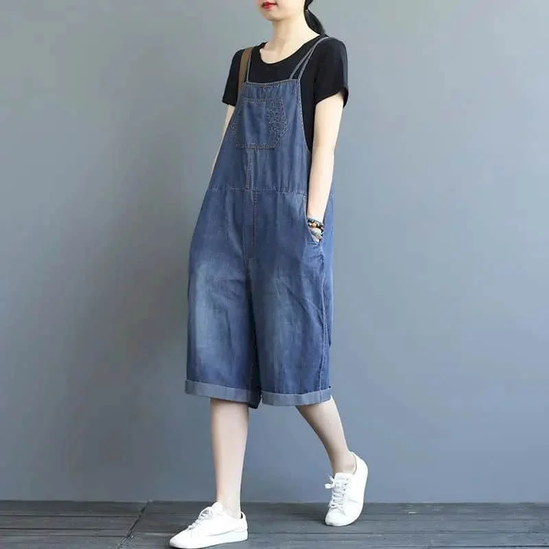 Denim Jumpsuits Women Vintage Korean Style One Piece Outfit Casual Cropped Rompers Solid Straight Jeans Summer Women Clothing