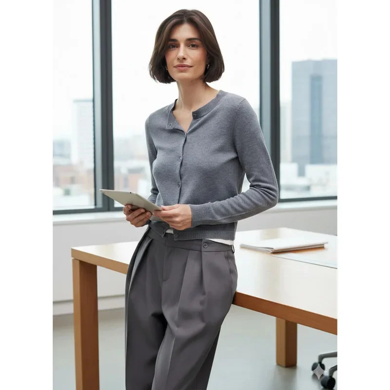 

Women Autumn New Arrival Solid Color Knit Cardigan Crew Neck Lightweight Thin Sweater Base Layer For Daily Layering Comfortable