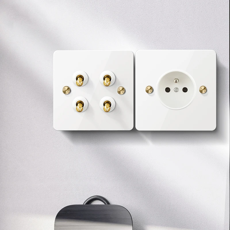 Avoir Retro Gesneden Messing Hendel Muur Lichtschakelaar Wit Roestvrij Stalen Paneel Schakelaar 220V Eu Fr Elektrische Outlets sockets stopcontact stopcontact zwart schakelaar 220v zwarte stopcontacten