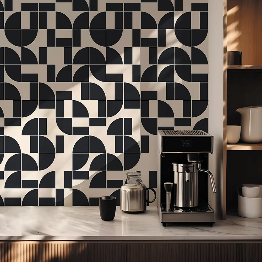Vintage Geometric Wallpaper in Black and White Palette Mid Century Modern Retro , PVC Wall Paper for Stylish Home Decoration