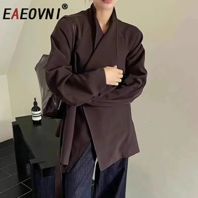 

EAEOVNI модный однотонный короткий плащ женский однотонный воротник-стойка с поясом куртка со сборкой на талии офисная женская одежда