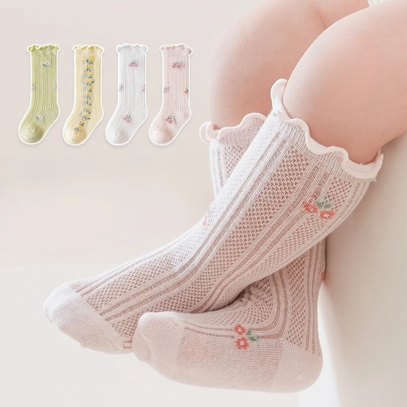 Summer Sweet Ruffle Baby Stockings Mesh Breathable Floral Print Soft Elastic Knee High Socks Princess Girl Kids Long Calf Socks