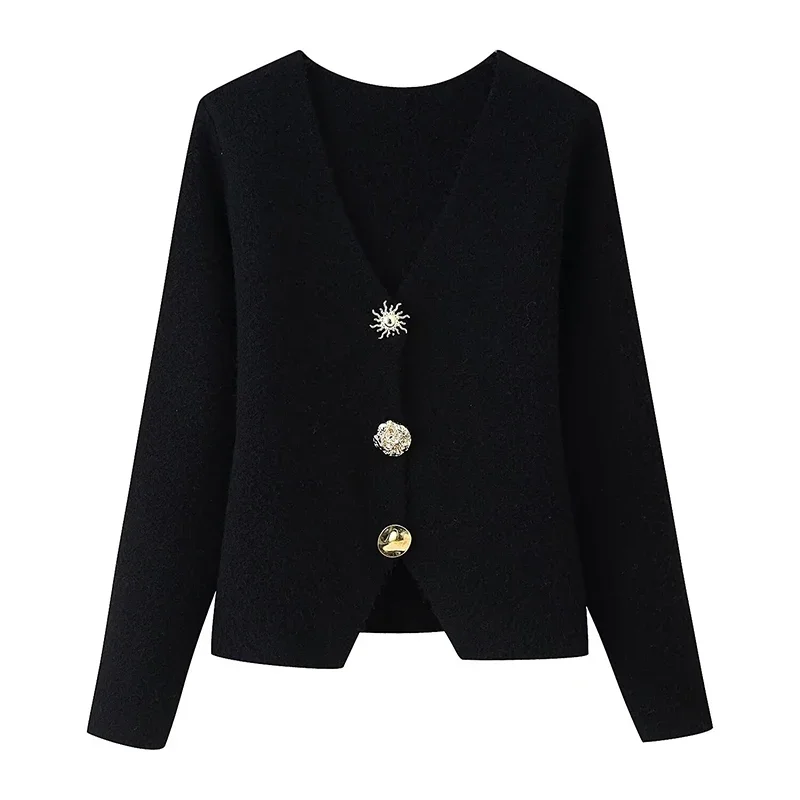 

Высококачественный однобортный черный кардиган с v-образным вырезом для женщин, повседневный осенний свитер с длинными рукавами, верхняя одежда