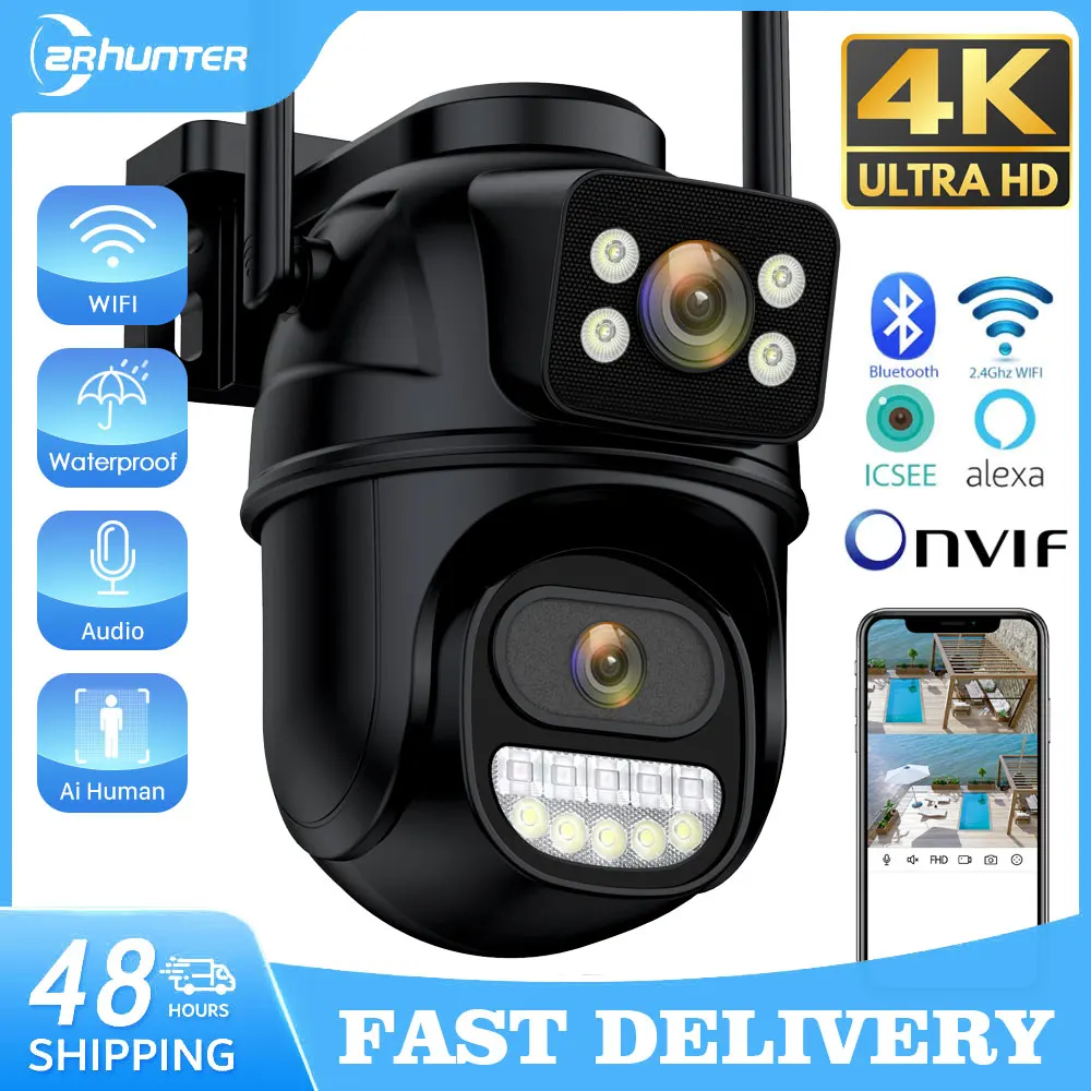 4K 8MP HD Wifi PTZ Camera Outdoor 4MP Dual Lens Dual Screen AI Auto Tracking IP Camera CCTV Audio Video Surveillance P2P iCSee