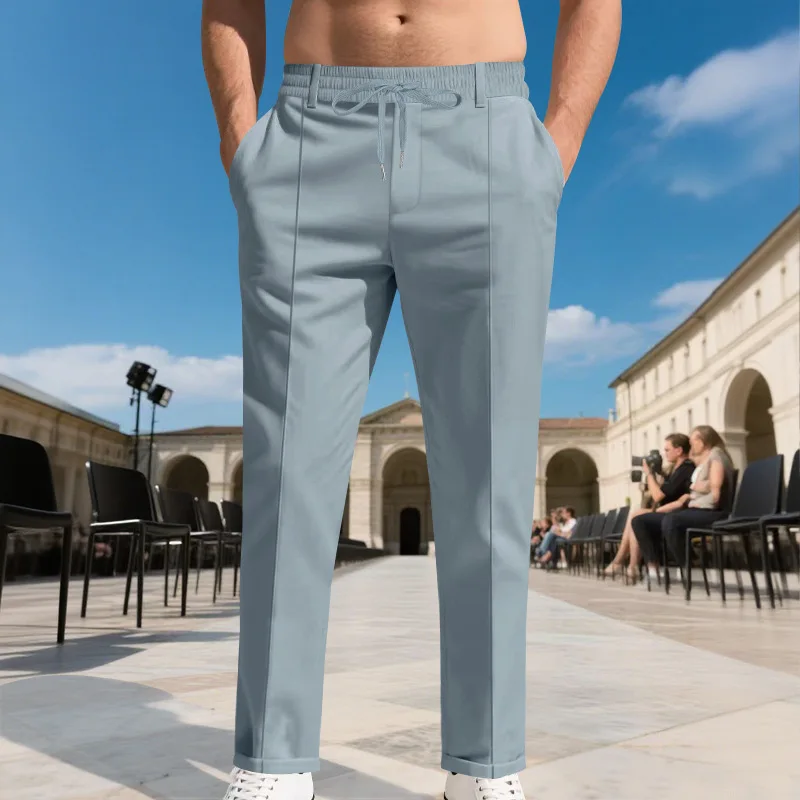 Men's Slim Fit Drawstring Casual Pants Autumn Solid Color Business Trousers Plus Size