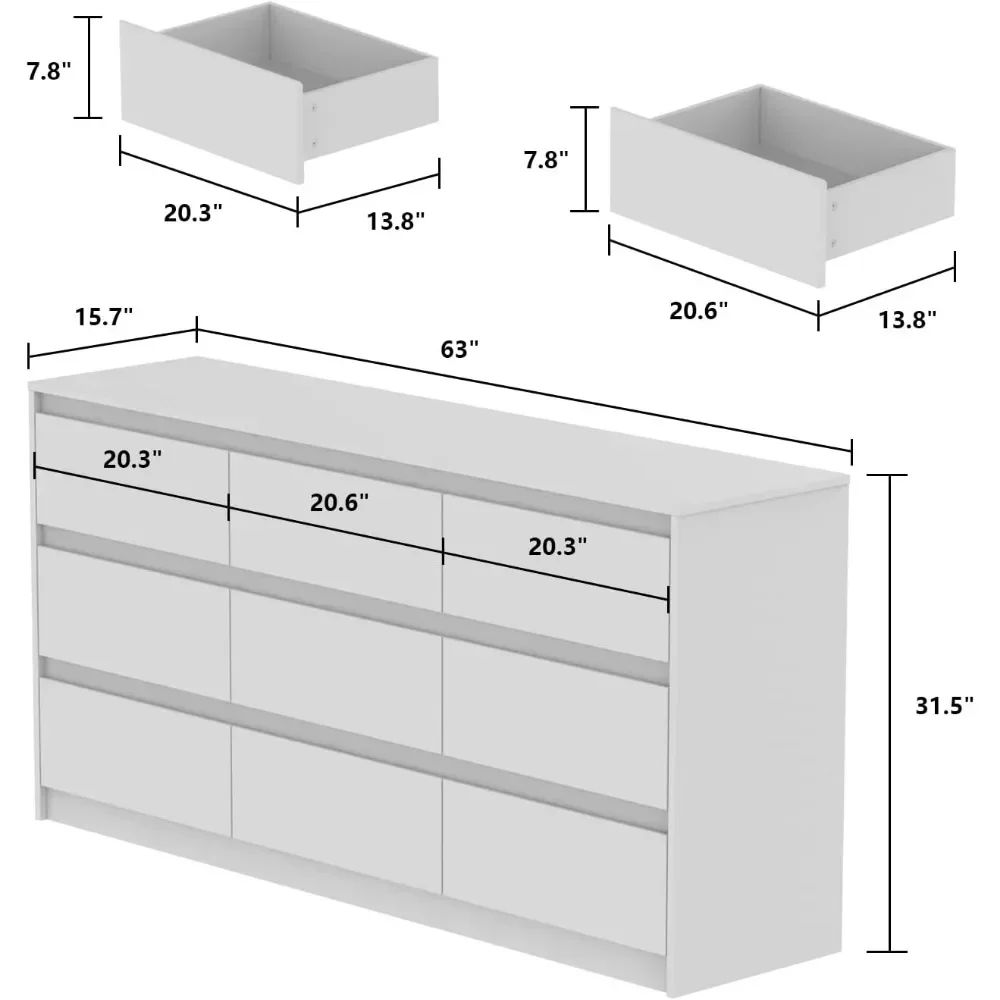 Dresser with Deep Drawers, Large Floor Wood Dresser and Chest of Drawers Without Handles, Modern Long Dresser, Dresser