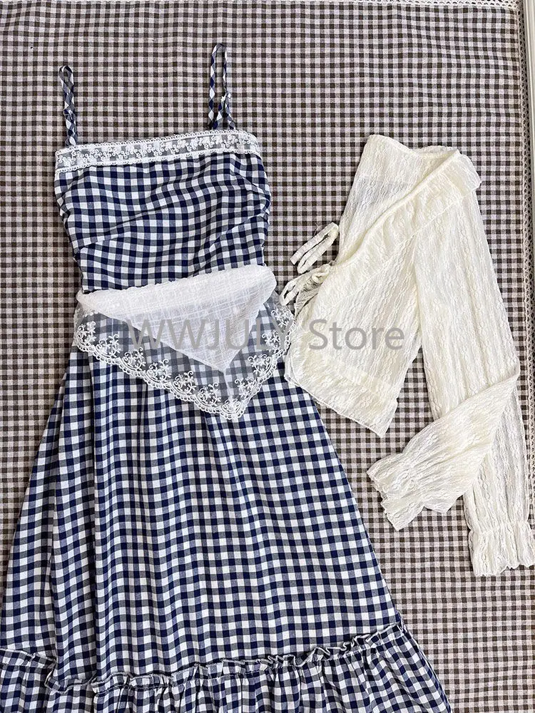 Woman Korean Fashion 2 Piece Set Pure Color Short Tops + Blue Plaid Sleeveless Midi Dress French Vacation Style Dress Harajuku