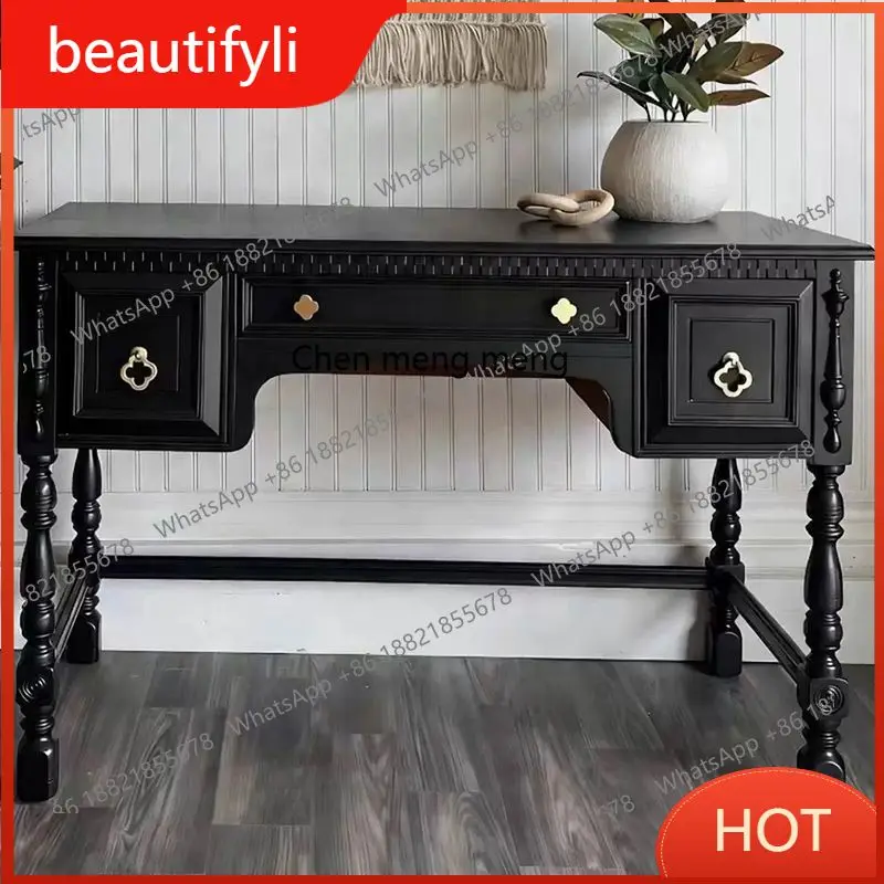 

A139 Vintage solid wood desk, American light luxury black carved drawer table, study desk