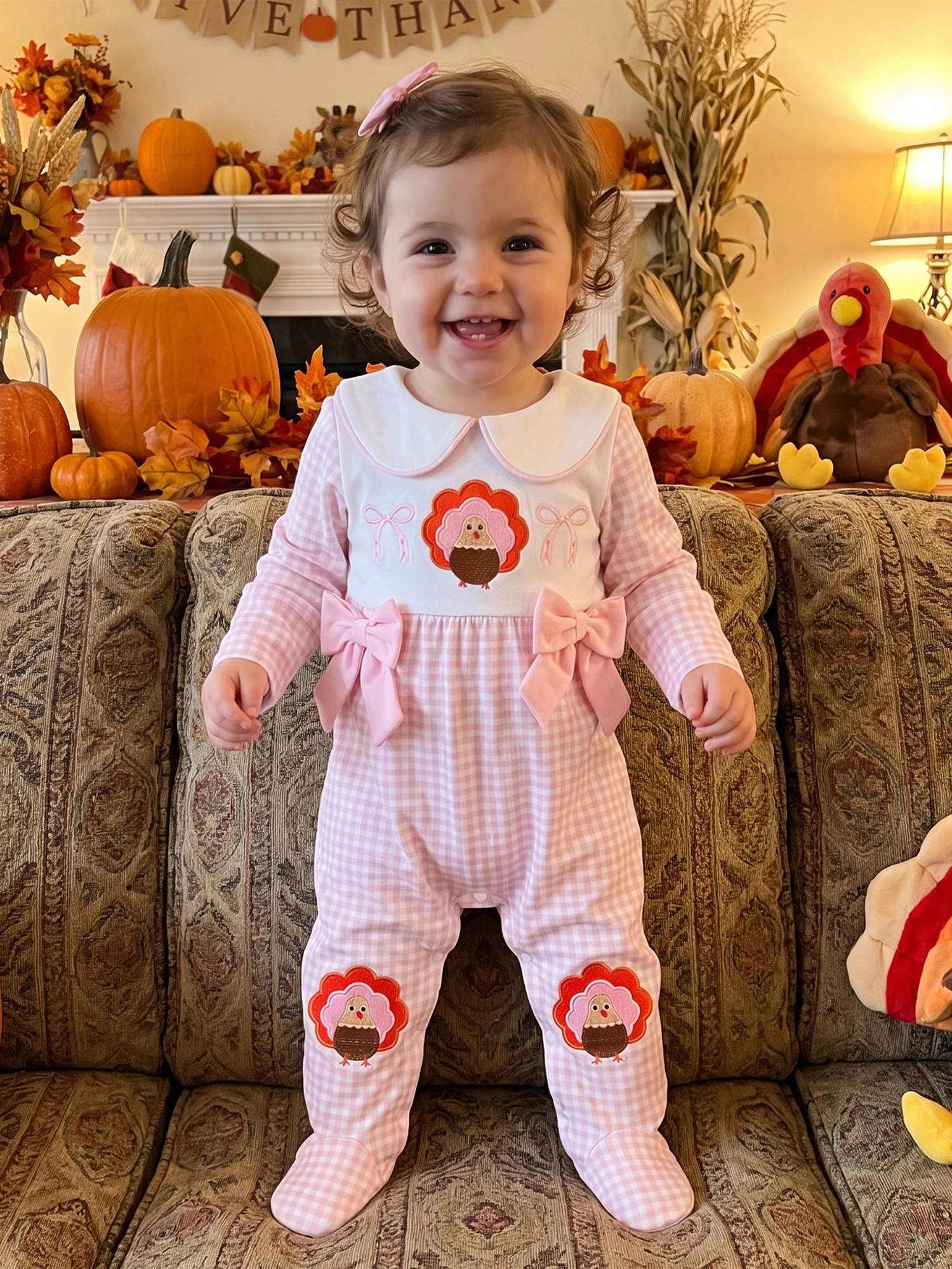 Thanksgiving Footies Plaid Thanksgiving Long Collar Long Sleeve Footies Turkey Long Sleeve Doll Lightweight