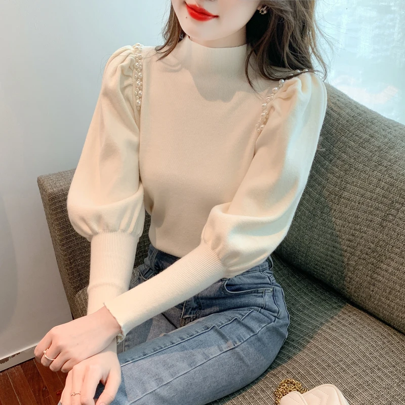 

Korean Elegant Women Clothes Fashion Spliced Pearls Beading Lantern Sleeve Sweater 2023 Winter Sweet Knitwears Pullovers Tops