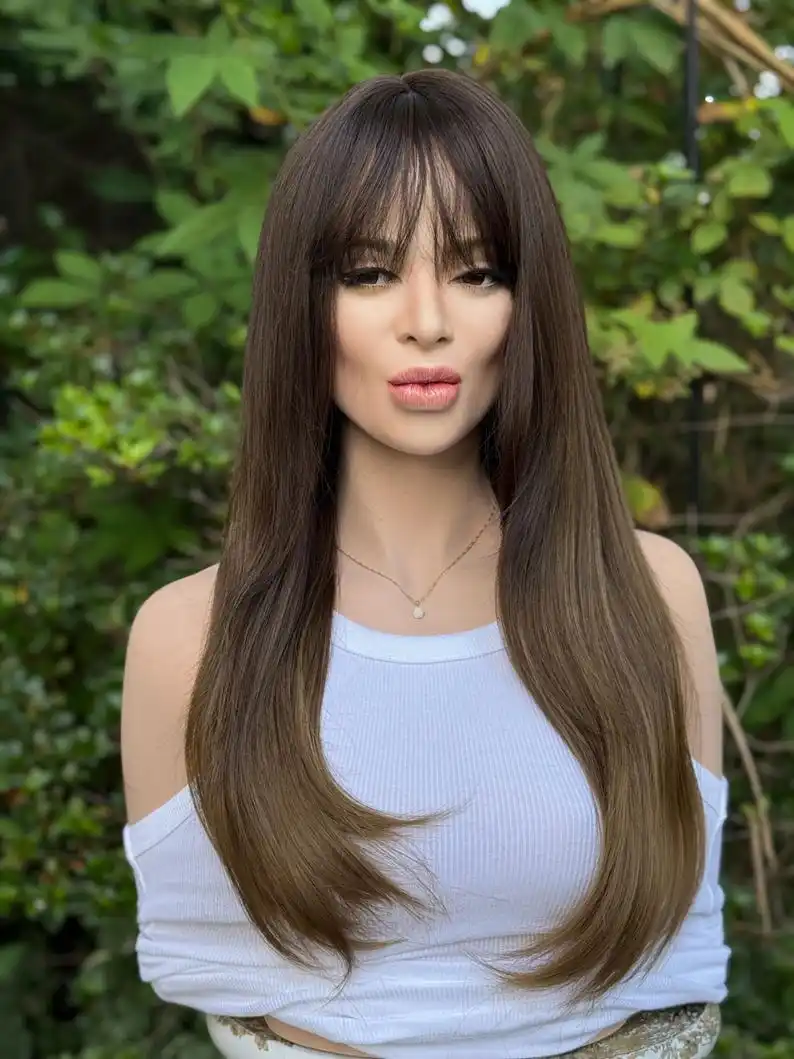 

Natural Wave Wig Ombre Blonde Wig Preplucked Hairline Synthetic Lace Front Wig With Bangs On Clearance Sale Heat Resistant Fiber