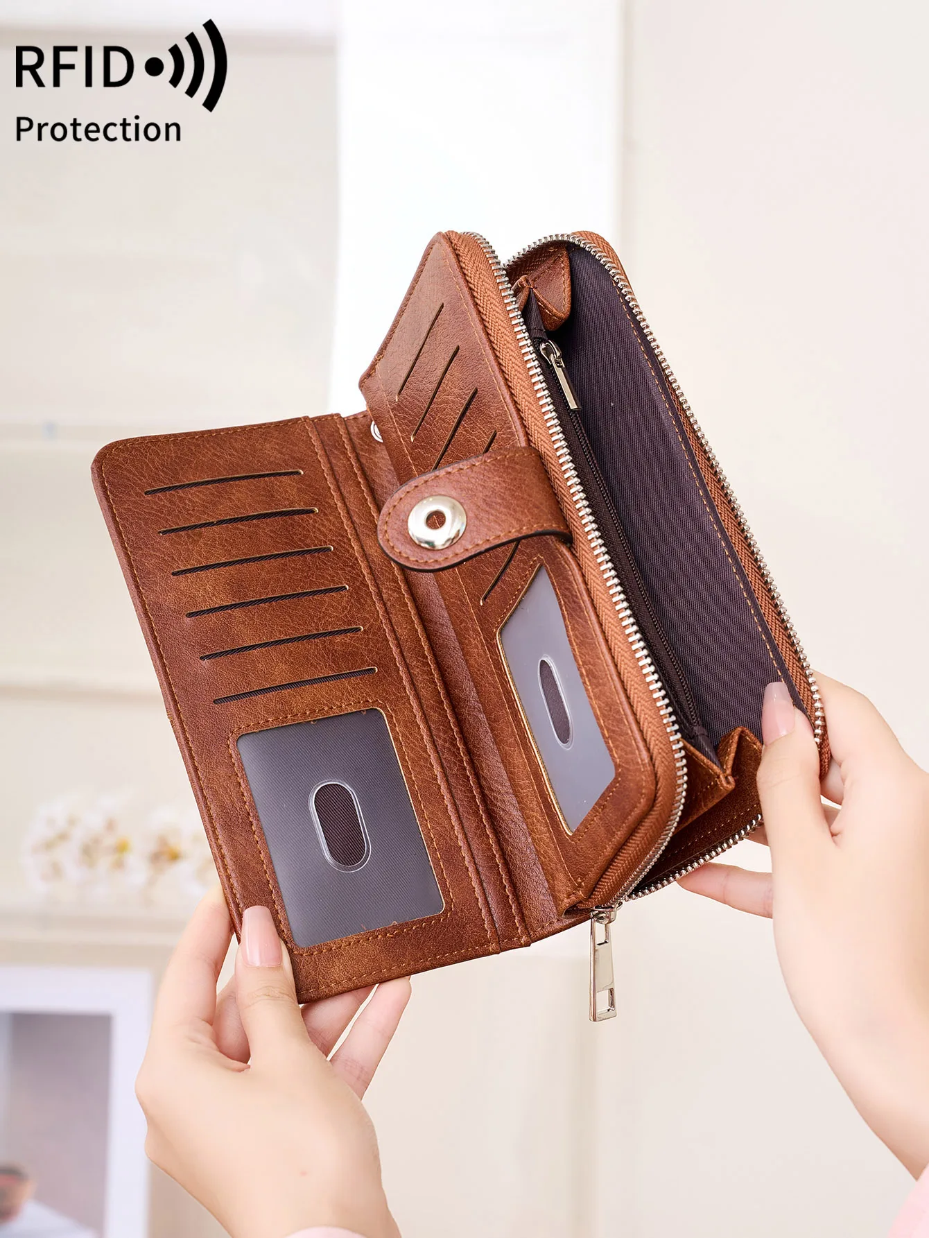 Fashion Women's Wallet Retro Trifold RFID Long Clutch Solid Color Large Capacity Buckle Zipper Credit Card Coin Purse CardHolder