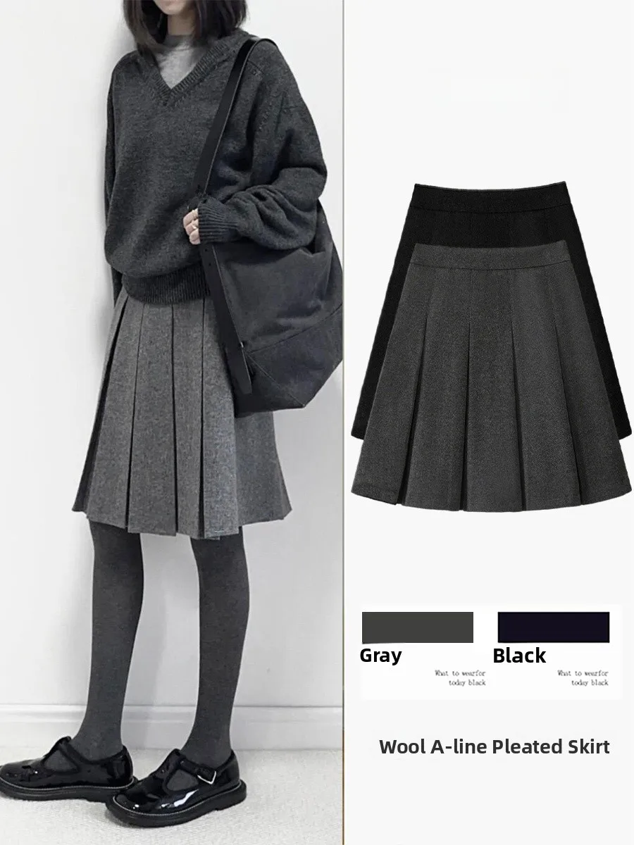 

High Waist A-Line Skirt Women's Woolen Plaid Pleated Autumn Winter New Sle Slimming f-length Skirt Commute Casual