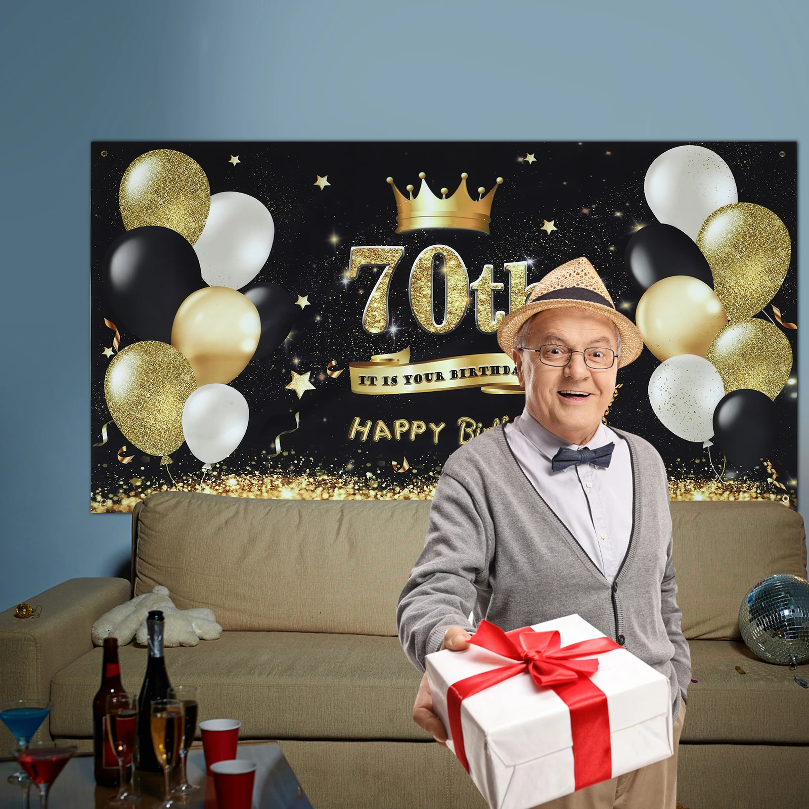 

Happy Birthday Backdrop 70th Birthday Party Decoration Polyester Background Cloth Photo Prop Wall Tapestry Special Event