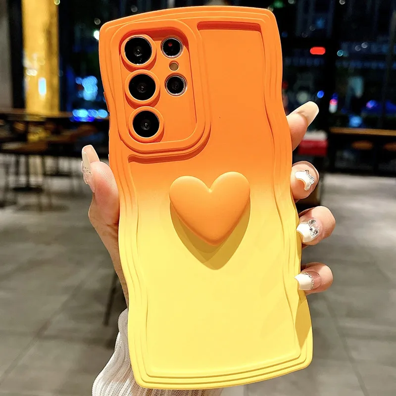 3D Cute Love Heart Gradient Curly Wave Case For Samsung S24 Ultra S23 S21 S20 FE S22 Plus + Note 20 A55 A535 A25 A15 5G A05s A05