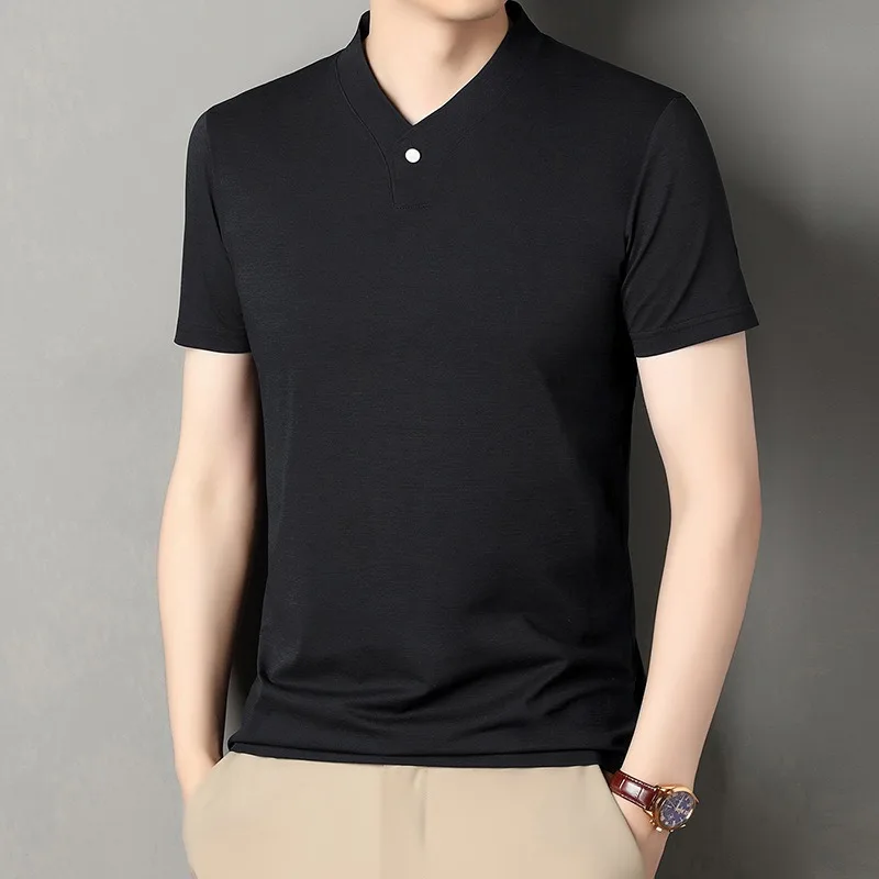 2026 Summer New Men's Solid Color Short Sleeved T-shirt Korean Fashion Business Casual V-neck T-shirt Tops Men Clothing