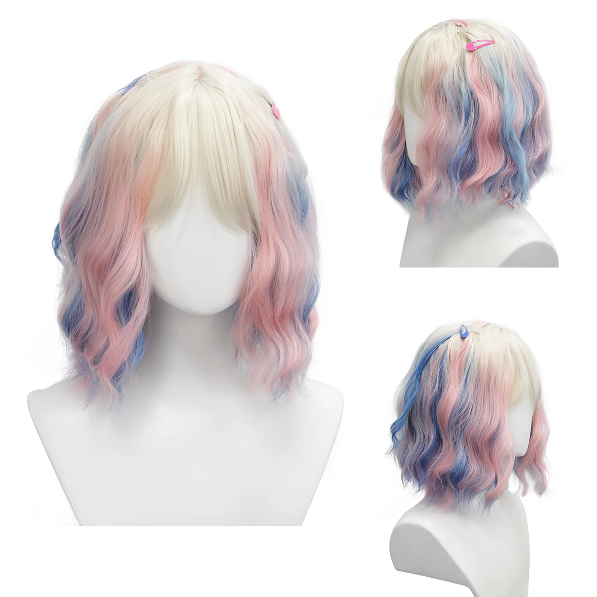

Pink to Blue Gradient Wavy Short Wig, Japanese Soft Girl Style Fluffy Natural Daily Synthetic Wig, Cosplay Wig