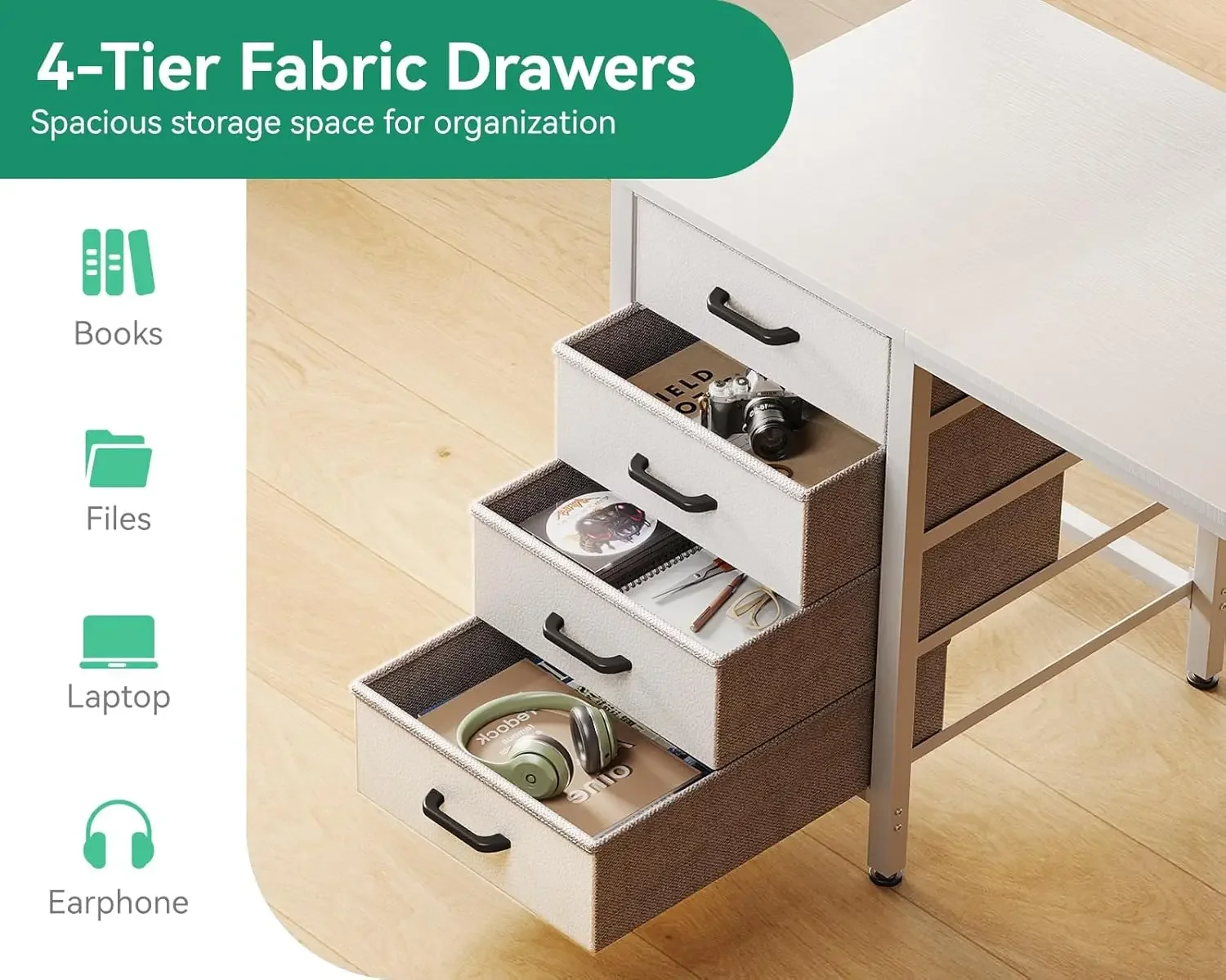 مكتب كمبيوتر صغير مقاس 32 بوصة مع 4 أدراج قماشية، وحدة تخزين، وخطاف جانبي وحقيبة قماش، وطاولة دراسة/عمل للأطفال