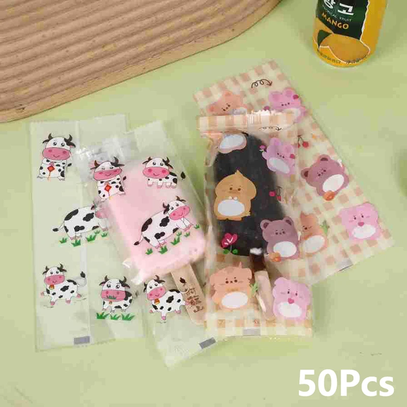 50Pcs/Set Cartoon Food Grade Ice Pop Bags Disposable Plastic Popsicle Bags Freeze Treat Storage Transparent Ice Popsicle Bag