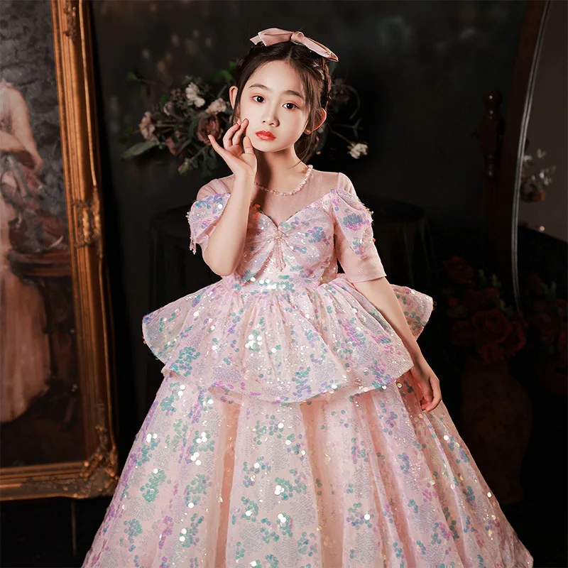 Girls First Communion Prom Dress Children Pageant Ball Gown Girl Wedding Sequins Dresses for Kids Piano Performance Vestidos