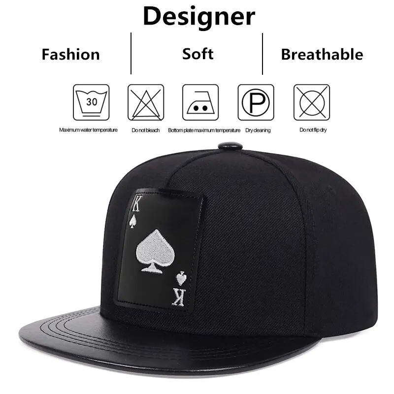 Pu Leather Playing Card Peach Heart K Embroidery Hip-hop Hats Outdoor Adjustable Casual Baseball Caps Sunscreen Hat