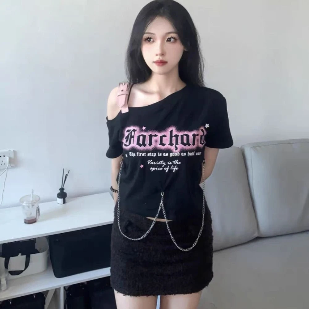 

Soft Y2K Short Sleeve T Shirt Irregular Gothic Off Shoulder Top Letter Streetwear Y2k Crop Top Party