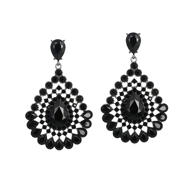 Vintage Jewelry Party Accessories Long Big Black Stone Crystal Rhinestone Chunky Teardrop Dangle Drop Earrings for Women