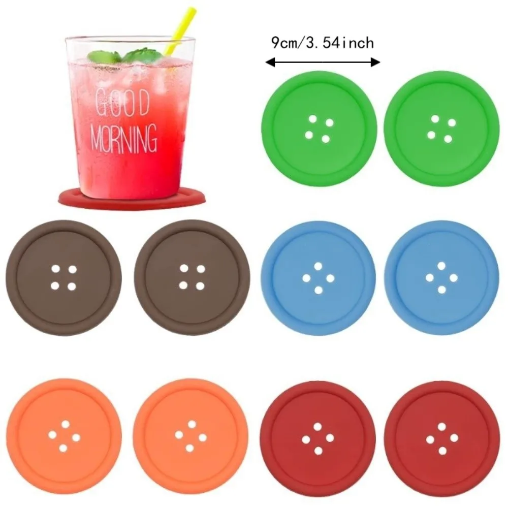 10pcs Funny Non-slip Four-hole Button Coasters Soft Creative Silicone Cup Pads 5 Colors Round Insulation Cup Mat Party