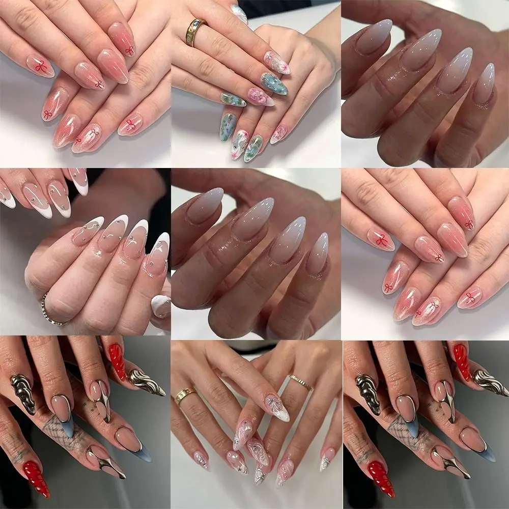 เล็บปลอมทรงอัลมอนด์ยาว ลายหัวใจและดอกไม้ กดติดง่าย แบบถอดได้ สำหรับผู้หญิง