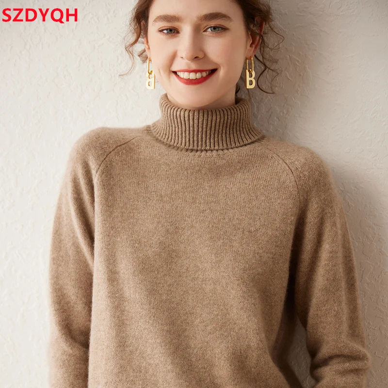 Autumn Winter New Women 100% Cashmere Sweater Turtleneck Thicken Solid Soft Pullover Fashion Female Warm Loose Knitted Jumper