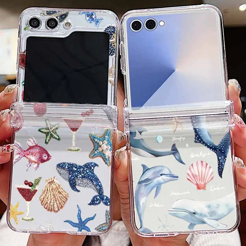 Whale Dolphin Pattern Clear Phone Case For Samsung Galaxy Z Flip 7 6 5 4 3 Folding PC Cover For Samsung Z Flip7 FE Flip6 Flip5
