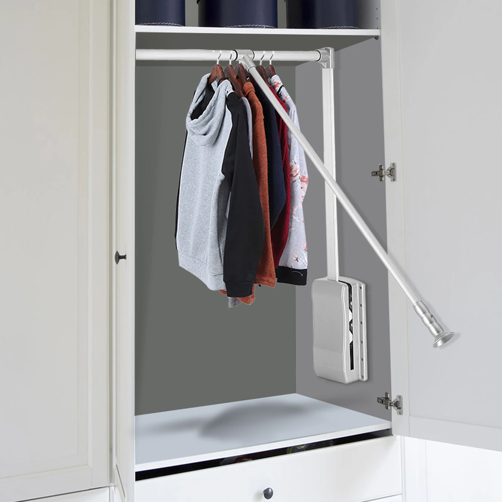 Lift/Pull Down Adjustable Width Wardrobe Clothes Hanging Rail Soft Return Space Saving Pull Down Clothes Rail