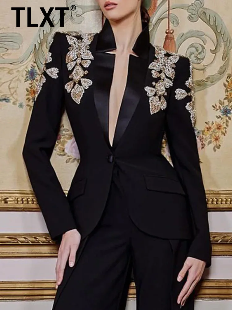 

TLXT Fashion Women's Elegant Black Blazer With Embellished Shoulders Single Button Closure Chic Office Outerwear 2025 New XK1586