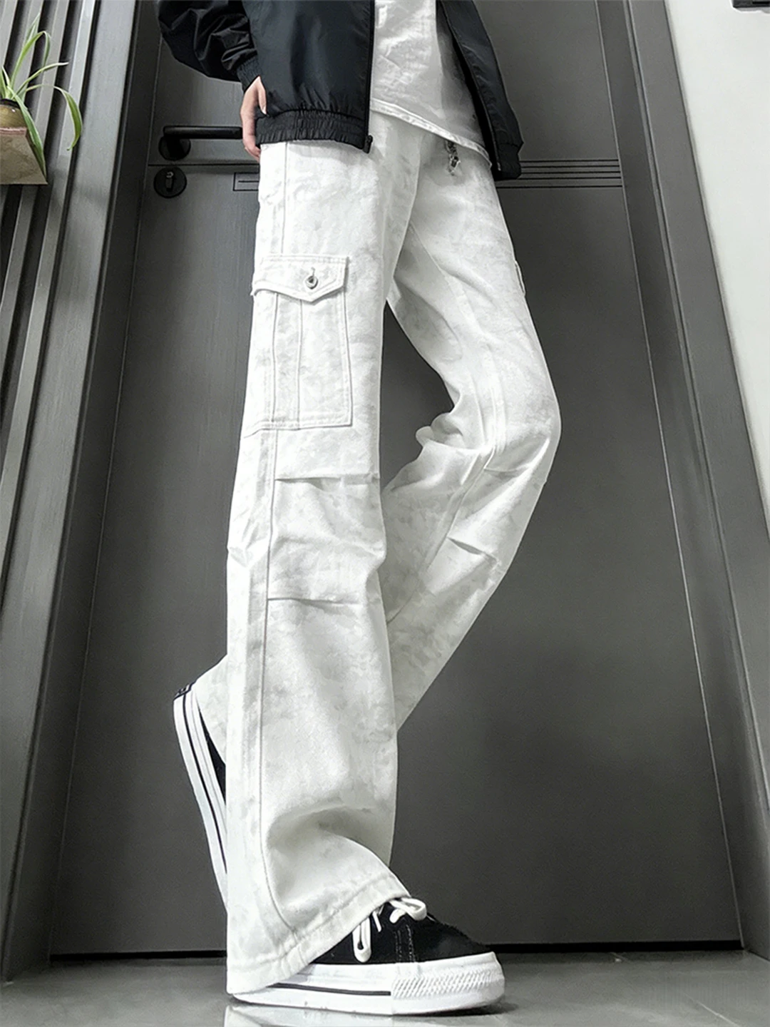 

American Sle Dir Dyed White Jeans Men's Design Sense Pleated High Street Loose Straight Workwear Pants Cotton Denim