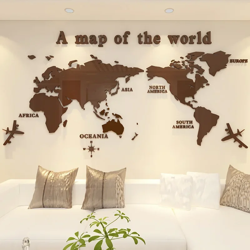 1Pc World Map Wall Stickers Acrylic Creative 3D TV backdrop Wallpaper Decoration Home Living Room Office Interior Decorative