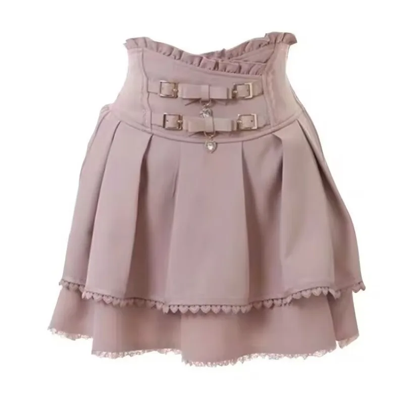 

korean style Kawaii Cake Pink Mini Skirts Women Bandage Lolita High Waist Y2k Aesthetic Sweet Lace Gothic JK Faldas Black Skirt