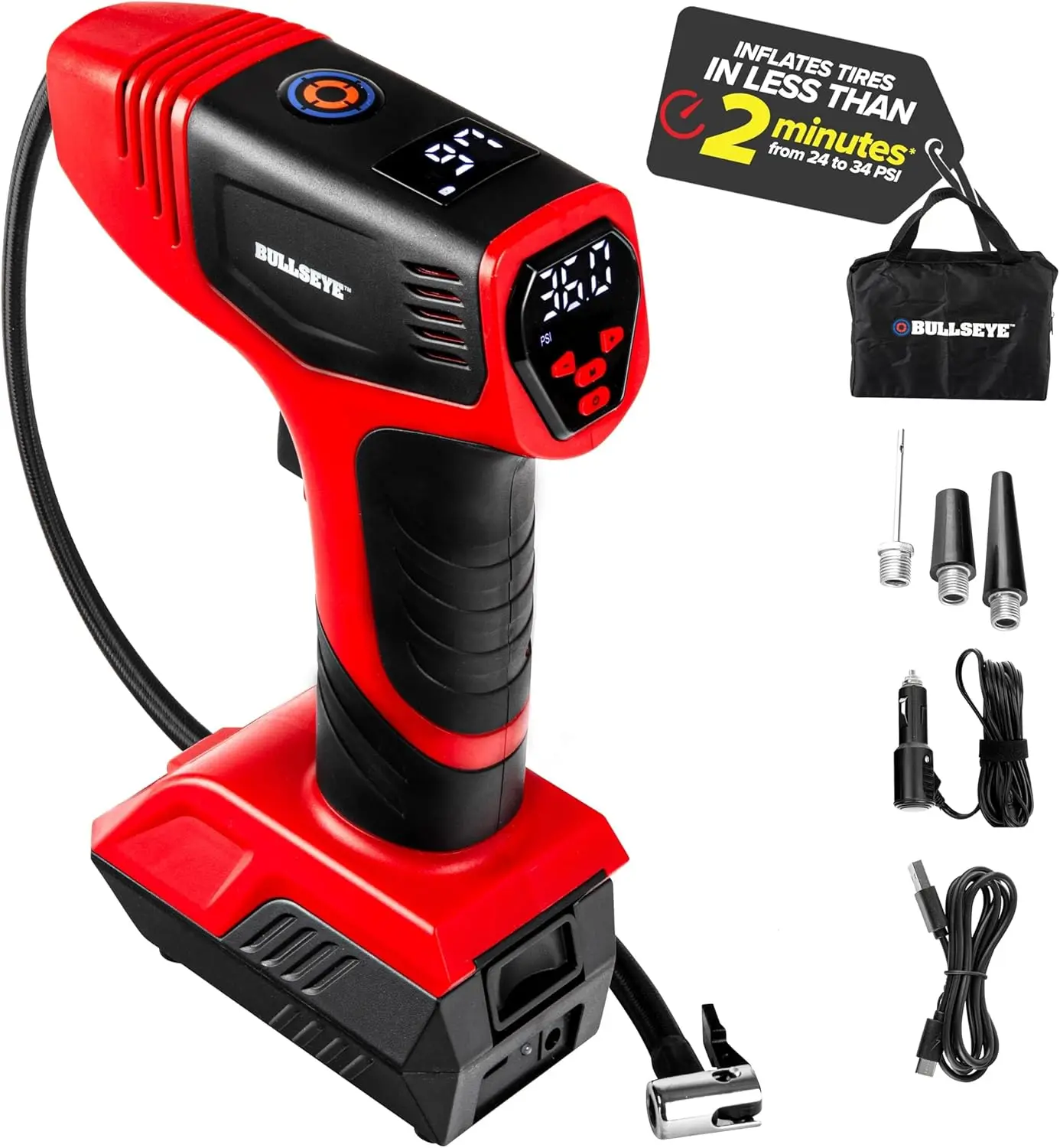 

BULLSEYE PRO Tire Inflator, 150 PSI, USB Rechargeable, Portable with Pressure Gauge, Automatic Shut Off