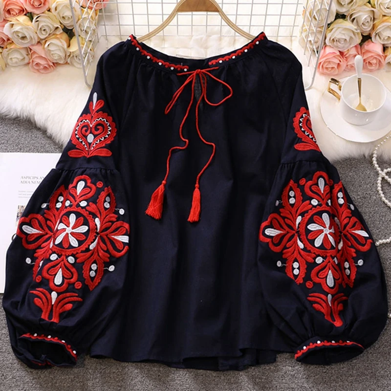 Casual Retro National Style Embroidery Lace Fringe V-Neck Blouse Lantern Sleeve Shirt Top Women\'s Loose Fashion Tops